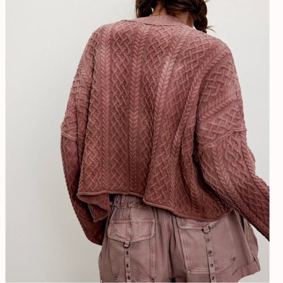 Free People- Washed Ashore Cable Knit Cardigan, Pink Mauve Size M (OVERSIZED) - Picture 2 of 10